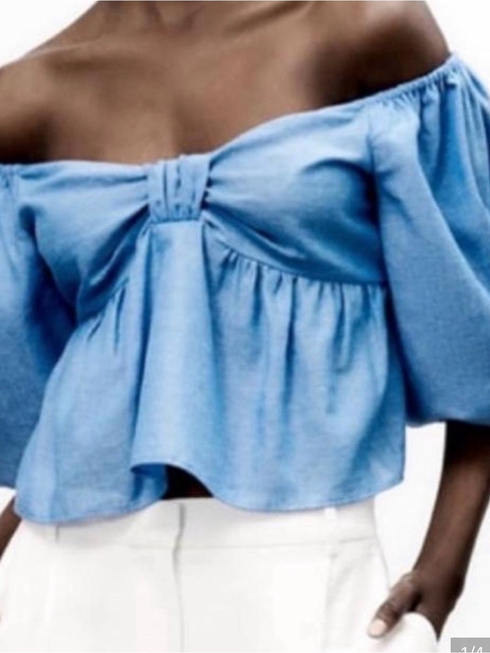 Zara Light Blue Puff Sleeve Cropped Bow-Front Blouse